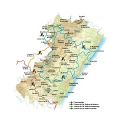 Mapa de rutas senderismo Castellón con pueblos como Morella, Peñíscola y Castellón de la Plana. Incluye caminos del Cid.