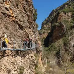 Gente camina por las pasarelas de Alquézar, un sendero suspendido entre imponentes paredes rocosas y vegetación.