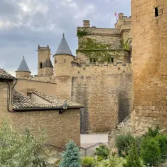 El **castillo de Olite**, con sus torres cónicas y muros de piedra, se alza majestuoso bajo un cielo nublado. En primer plano, tejados de tejas y vegetación verde añaden un toque de vida.