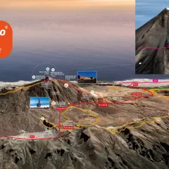 Mapa ilustra cómo subir al Teide en coche, mostrando rutas, miradores y el teleférico.