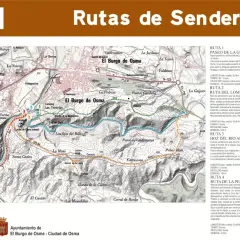 Mapa de rutas de senderismo en El Burgo de Osma. Detalla rutas como "Paseo de la Güera" y "Ruta del Lomero", indicando distancias y dificultades para llegar.