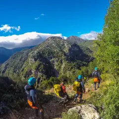 Grupo de barranquistas desciende por un sendero rocoso hacia la garganta verde, rodeados de exuberante vegetación y montañas.