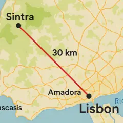Mapa muestra cómo ir de Lisboa a Sintra, 30 km. Incluye Amadora y el río Tajo.