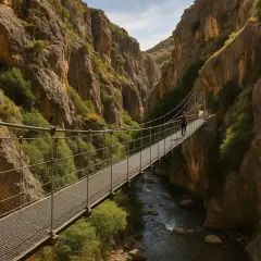 Una persona camina por un puente colgante en la ruta de los Cahorros, un cañón con un río y vegetación exuberante.