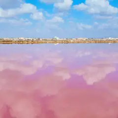 El agua rosa de la playa de Murcia refleja las nubes blancas bajo un cielo azul. Un paisaje surrealista y hermoso.