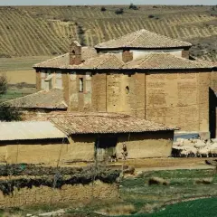 Edificio de ladrillo con tejado a dos aguas, rebaño de ovejas pastando cerca. Paisaje rural con campos de cultivo en terrazas, típico de calzadilla de la cueza.