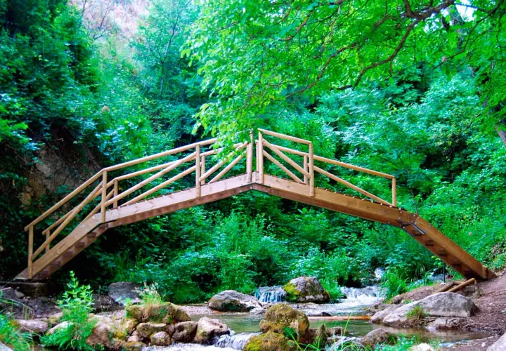 Puente de madera sobre un arroyo en la ruta río cerezuelo, rodeado de exuberante vegetación verde.