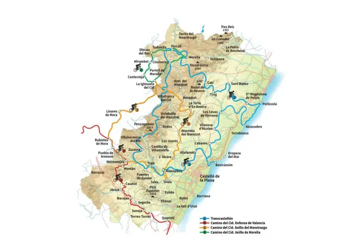 Mapa de rutas senderismo Castellón con pueblos como Morella, Peñíscola y Castellón de la Plana. Incluye caminos del Cid.