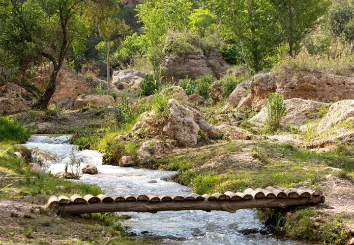 Un puente rústico cruza un arroyo en un paisaje rocoso y verde. Descubre cómo llegar a este rincón natural.
