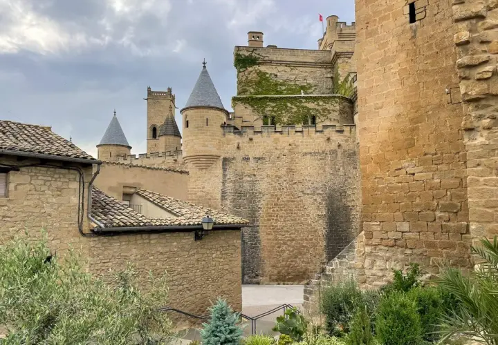 El **castillo de Olite**, con sus torres cónicas y muros de piedra, se alza majestuoso bajo un cielo nublado. En primer plano, tejados de tejas y vegetación verde añaden un toque de vida.