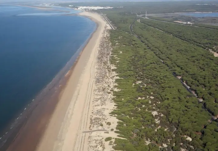 Vista aérea de la playa de los enebrales, con el mar azul a la izquierda y un denso bosque de pinos a la derecha.
