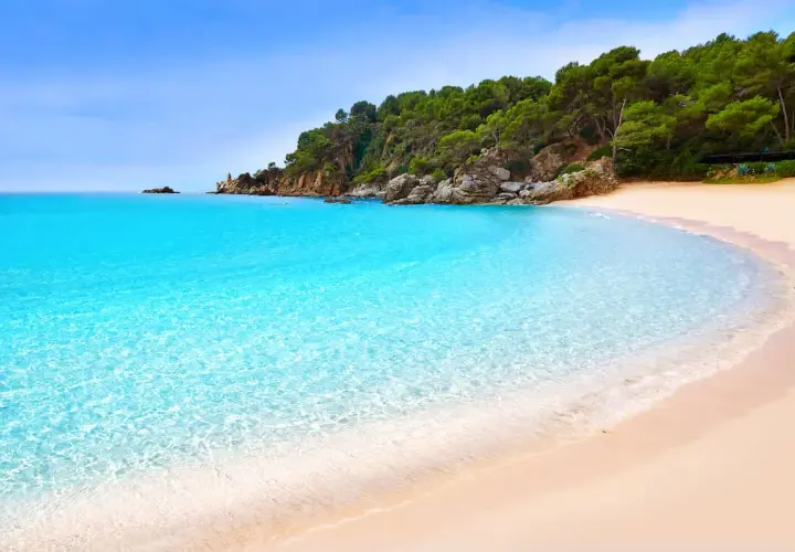 Aguas cristalinas y arena dorada en una cala idílica, un paraíso entre las playas cerca de Barcelona.