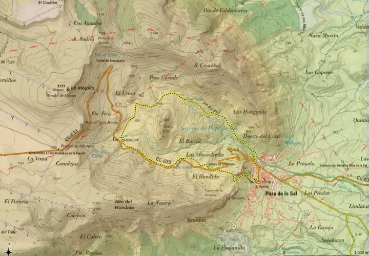Mapa topográfico que muestra cómo llegar a la **Poza de la Sal** a través de senderos y caminos, pasando por lugares como El Urnio y Las Huérfanas.