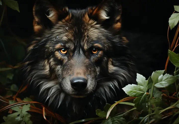 Un lobo de mirada intensa, uno de los animales de España, emerge entre la vegetación.