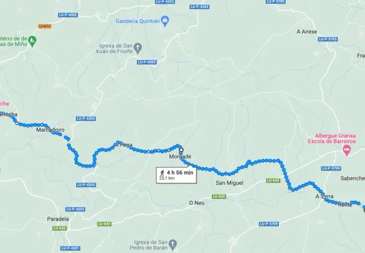 Mapa del Camino de Santiago, mostrando la ruta desde Puertomarín hasta Sarria, con paradas en Morgade y Vilar.