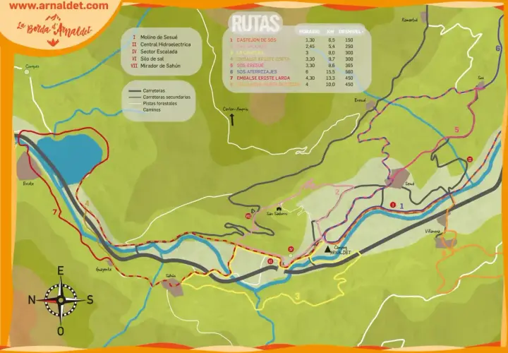 Mapa de rutas de senderismo en Benasque, con senderos marcados, puntos de interés y pueblos como Eriste y Sahún.