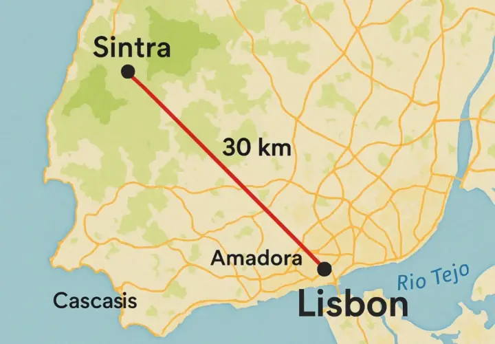 Mapa muestra cómo ir de Lisboa a Sintra, 30 km. Incluye Amadora y el río Tajo.