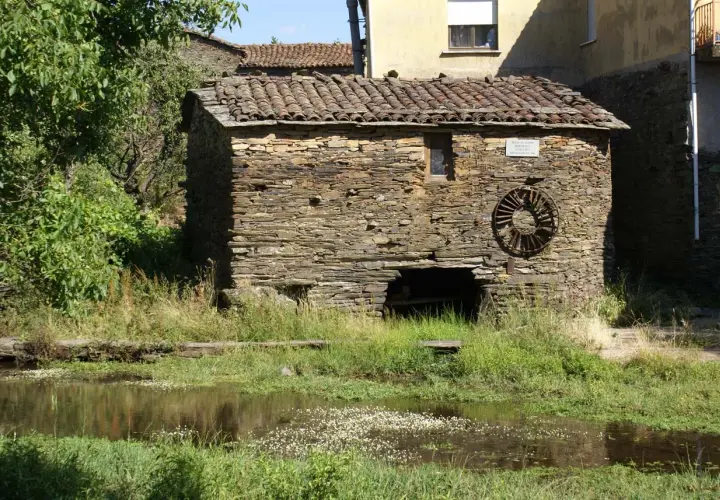 Antiguo molino de agua de piedra, con su rueda oxidada y vegetación exuberante a su alrededor.