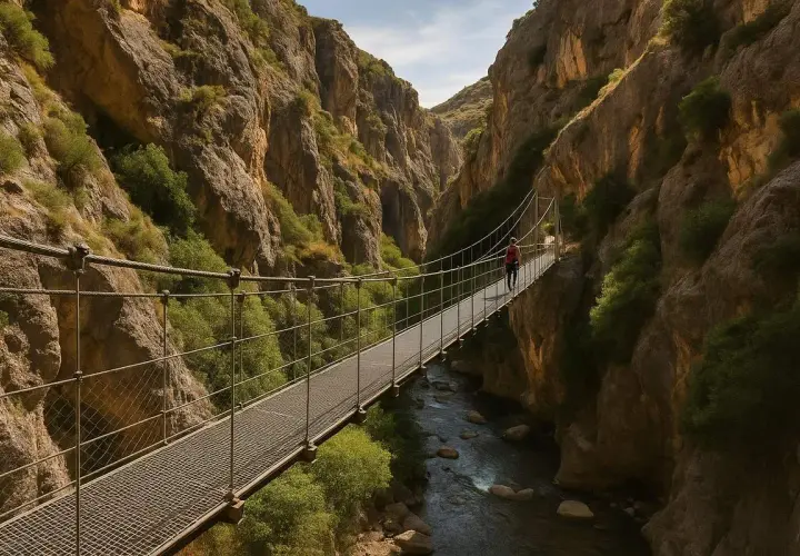 Una persona camina por un puente colgante en la ruta de los Cahorros, un cañón con un río y vegetación exuberante.