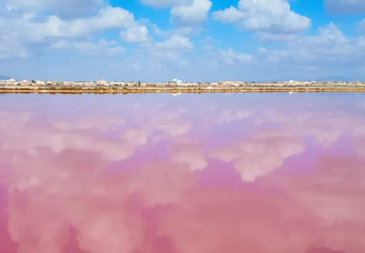 El agua rosa de la playa de Murcia refleja las nubes blancas bajo un cielo azul. Un paisaje surrealista y hermoso.