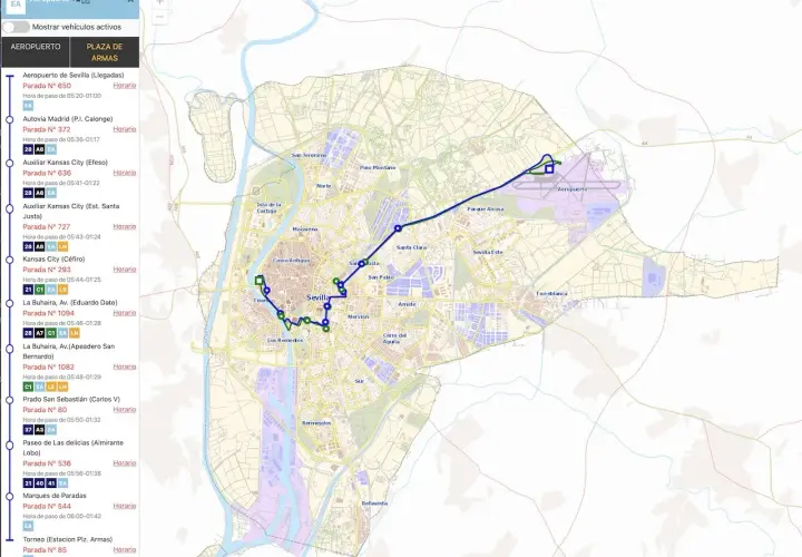 Mapa muestra cómo ir del aeropuerto de Sevilla al centro, con rutas de autobuses y paradas.