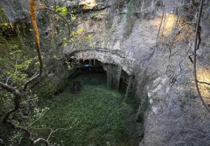 El **pozo de los aines** es una sima natural cubierta de vegetación exuberante, con una entrada oscura y misteriosa.