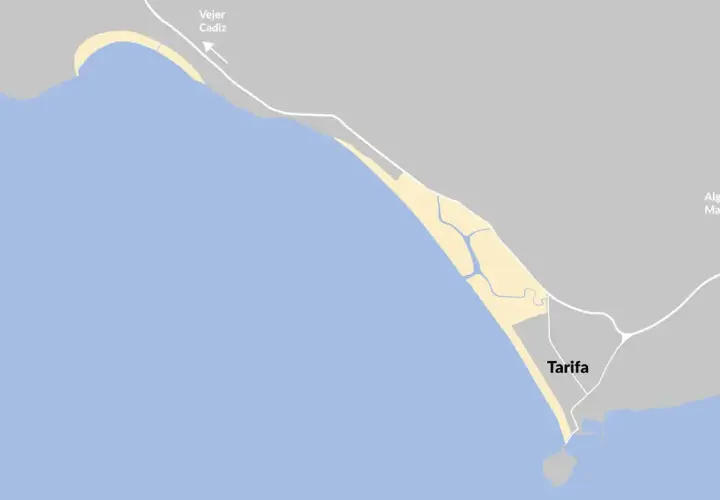 Mapa de las playas de Tarifa, Cádiz, con indicaciones hacia Vejer y Algeciras.