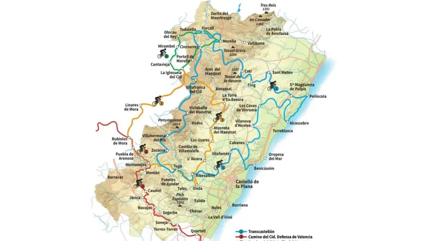 Mapa de rutas senderismo Castellón con pueblos como Morella, Peñíscola y Castellón de la Plana. Incluye caminos del Cid.
