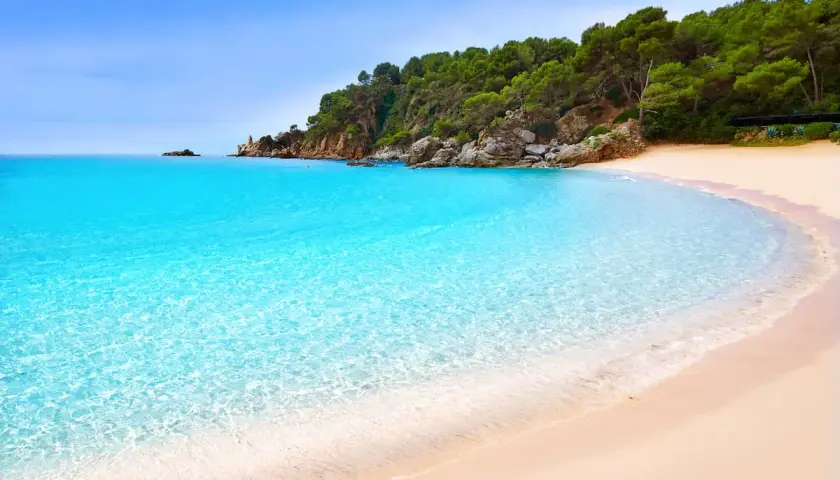 Aguas cristalinas y arena dorada en una cala idílica, un paraíso entre las playas cerca de Barcelona.
