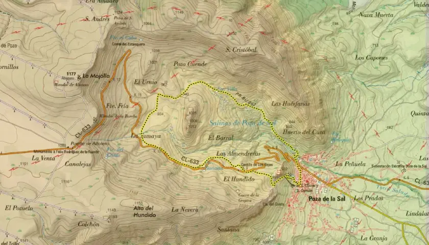 Mapa topográfico que muestra cómo llegar a la **Poza de la Sal** a través de senderos y caminos, pasando por lugares como El Urnio y Las Huérfanas.