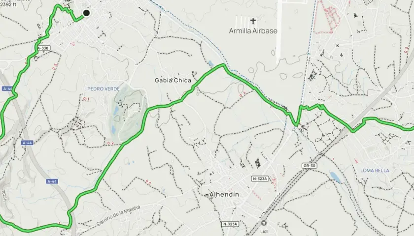 Mapa de ruta verde que atraviesa Gabia Chica, Alhendín y Ogíjares. Muestra cómo llegar a Otura pasando por la base aérea de Armilla.