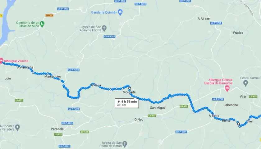 Mapa del Camino de Santiago, mostrando la ruta desde Puertomarín hasta Sarria, con paradas en Morgade y Vilar.