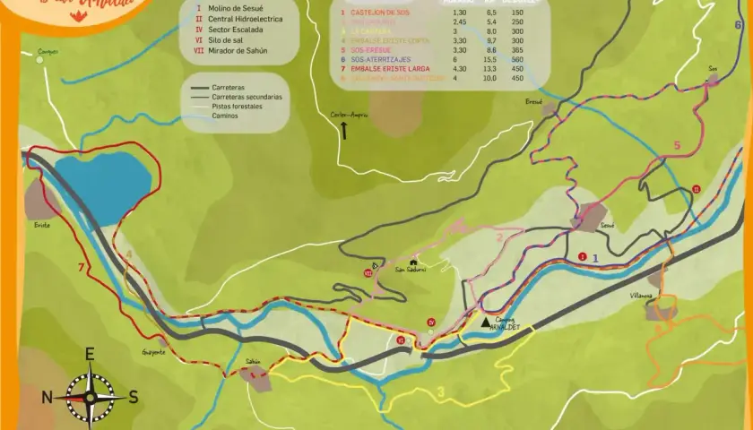 Mapa de rutas de senderismo en Benasque, con senderos marcados, puntos de interés y pueblos como Eriste y Sahún.