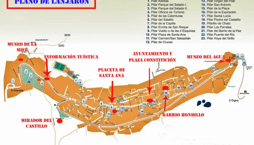 Mapa de Lanjarón con la "Ruta del Agua" y puntos de interés. Ideal para planificar cómo llegar y qué ver.