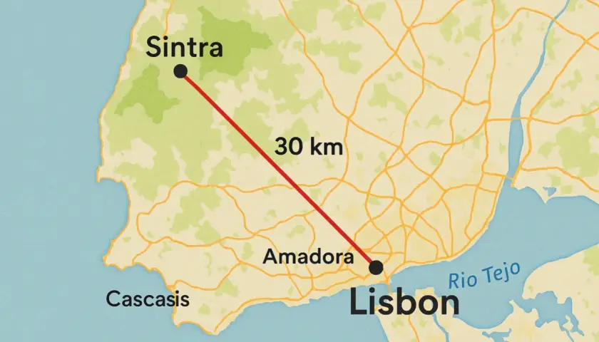 Mapa muestra cómo ir de Lisboa a Sintra, 30 km. Incluye Amadora y el río Tajo.