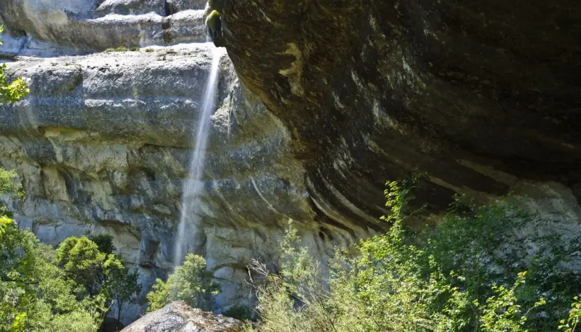 Una fina cascada de la mea cae por una pared rocosa, rodeada de vegetación exuberante y rocas cubiertas de musgo.