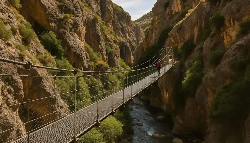 Una persona camina por un puente colgante en la ruta de los Cahorros, un cañón con un río y vegetación exuberante.
