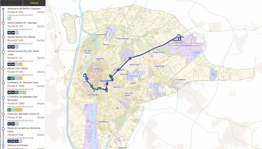 Mapa muestra cómo ir del aeropuerto de Sevilla al centro, con rutas de autobuses y paradas.