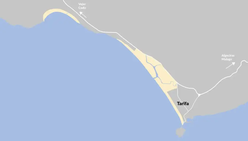 Mapa de las playas de Tarifa, Cádiz, con indicaciones hacia Vejer y Algeciras.