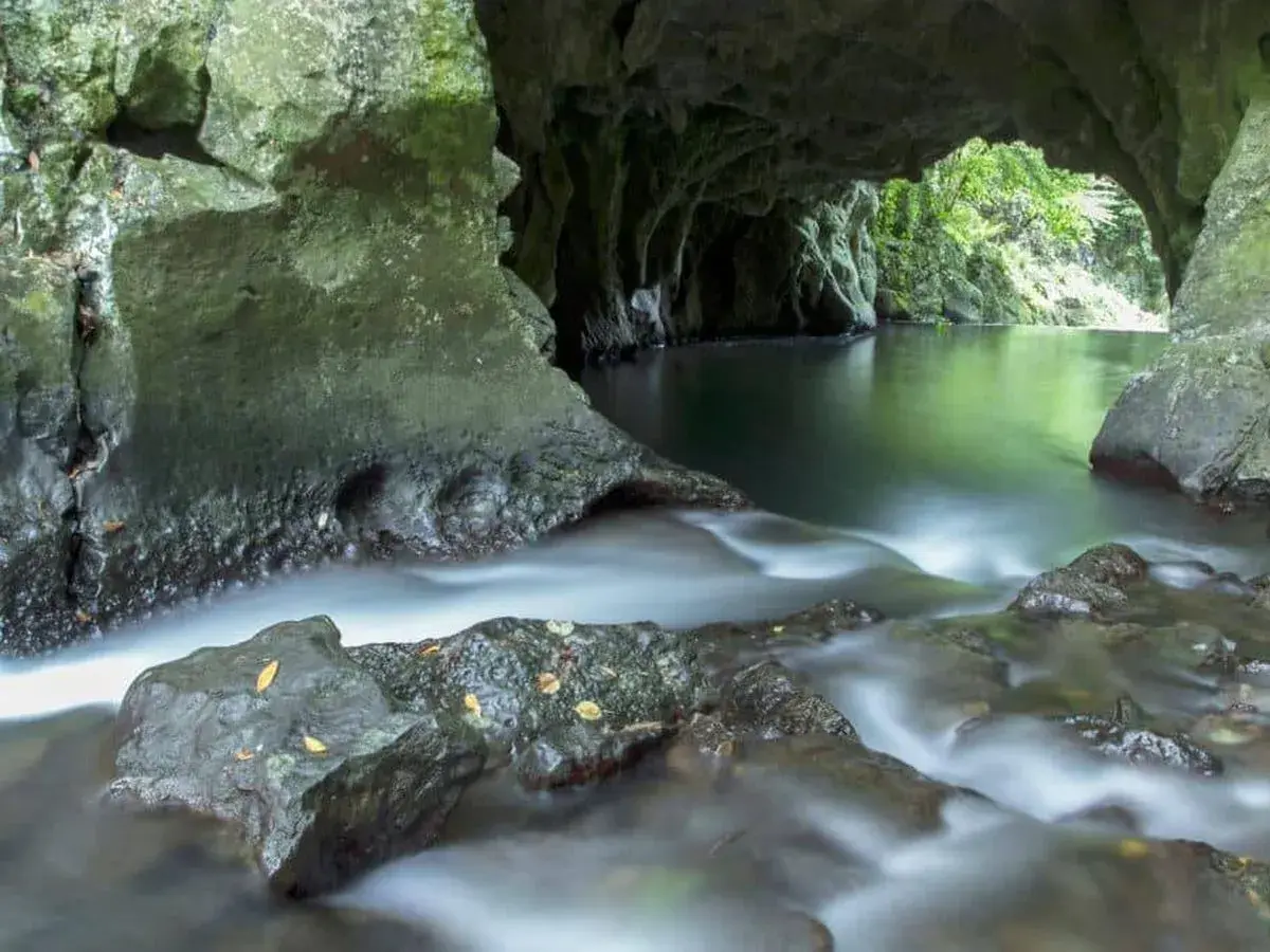 Agua serena fluye en la **gruta del diablo**, un lugar misterioso y verde.