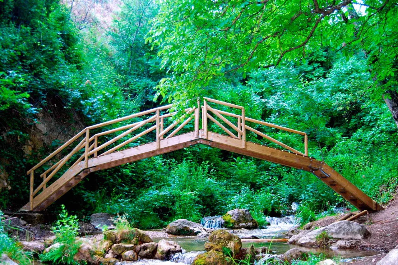 Puente de madera sobre un arroyo en la ruta río cerezuelo, rodeado de exuberante vegetación verde.