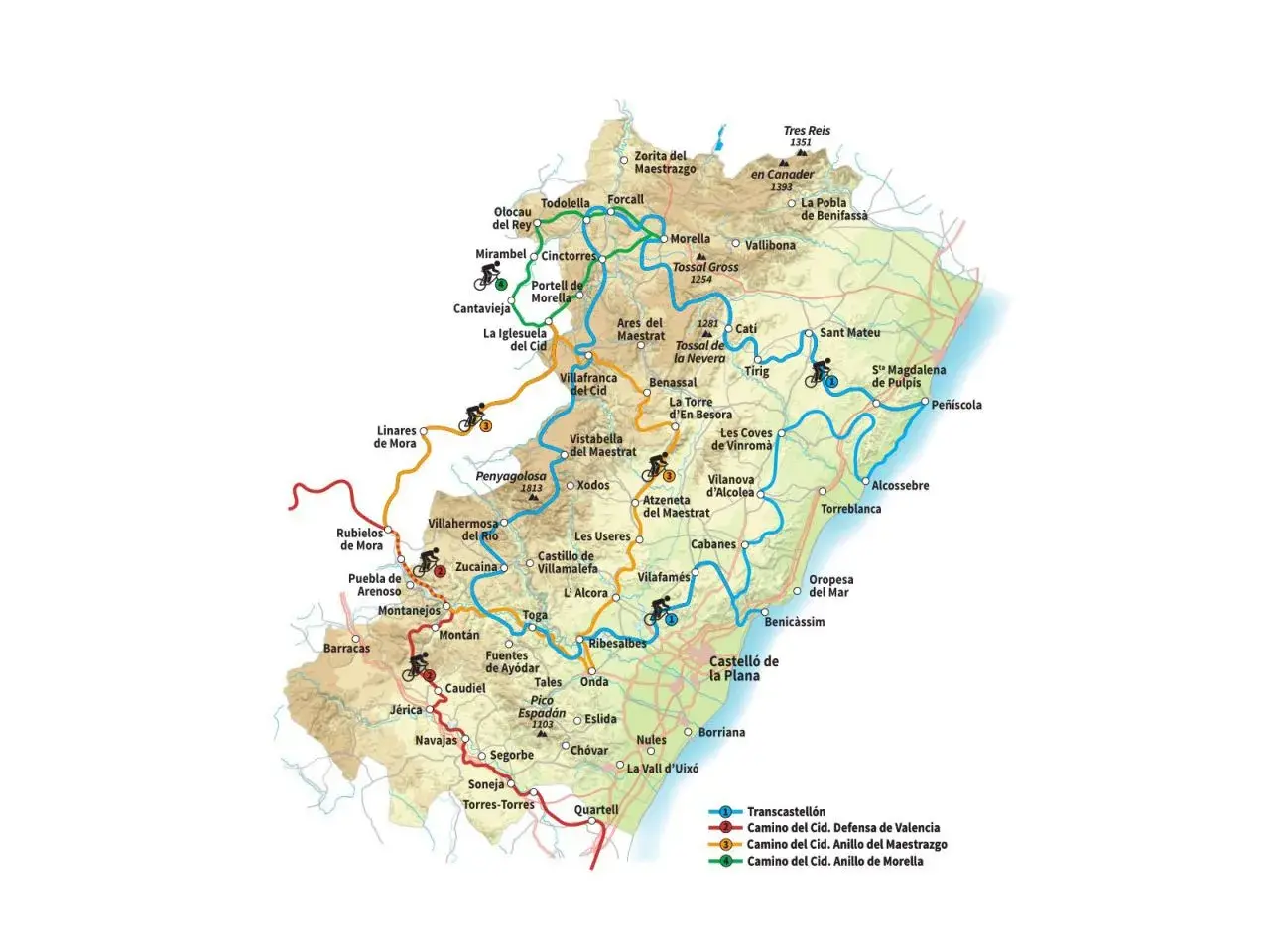 Mapa de rutas senderismo Castellón con pueblos como Morella, Peñíscola y Castellón de la Plana. Incluye caminos del Cid.