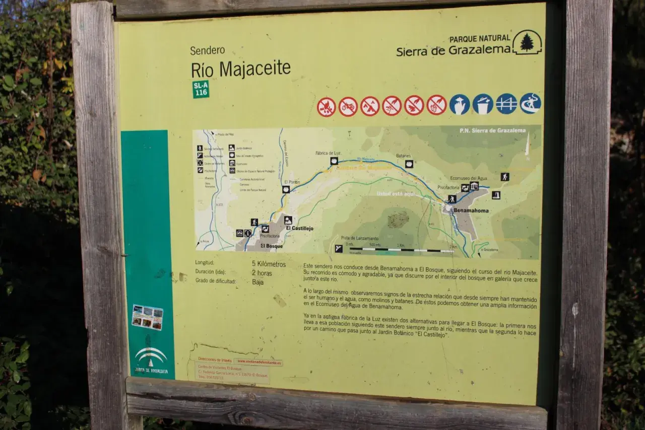 Mapa del sendero Río Majaceite, que va de Benamahoma a El Bosque. Ideal para saber cómo llegar a Benamahoma y disfrutar de la naturaleza.