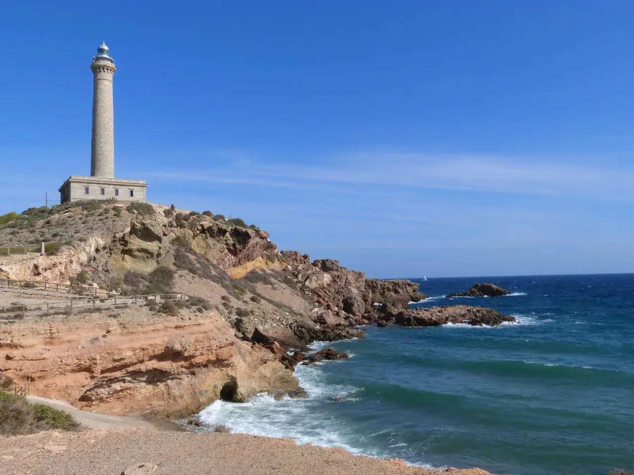 Faro en Cabo de Palos. Para llegar, sigue la costa rocosa y el camino de tierra.