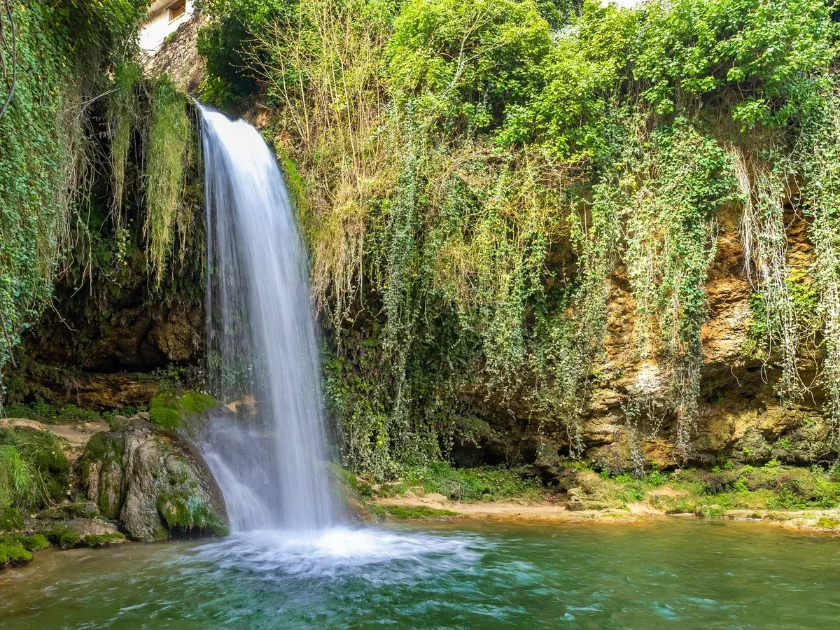 Cascadas en Burgos, un rincón verde y exuberante donde el agua cae sobre rocas cubiertas de musgo y enredaderas.