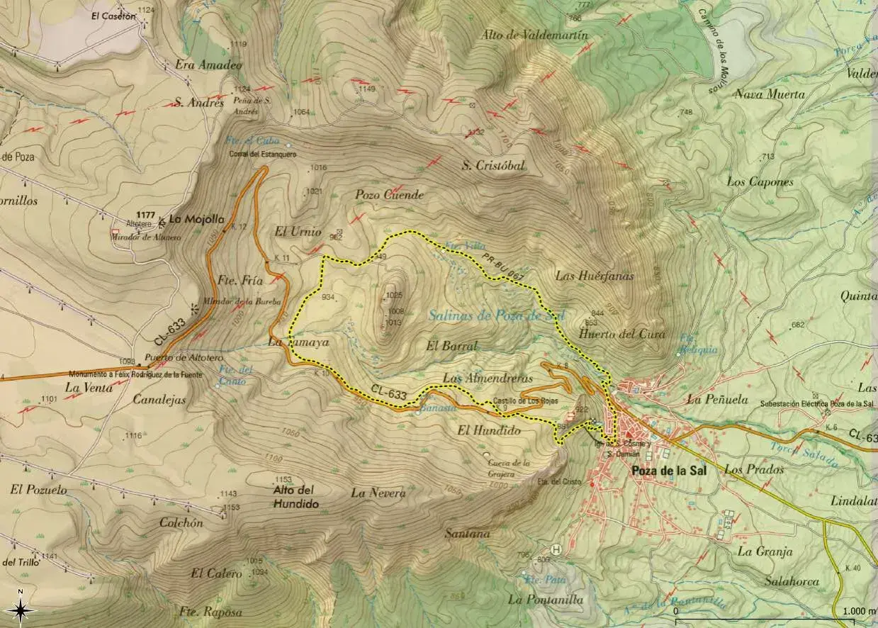 Mapa topográfico que muestra cómo llegar a la **Poza de la Sal** a través de senderos y caminos, pasando por lugares como El Urnio y Las Huérfanas.