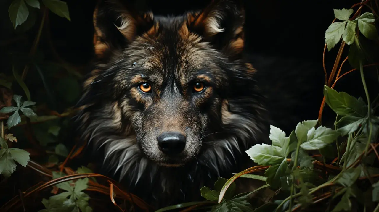 Un lobo de mirada intensa, uno de los animales de España, emerge entre la vegetación.