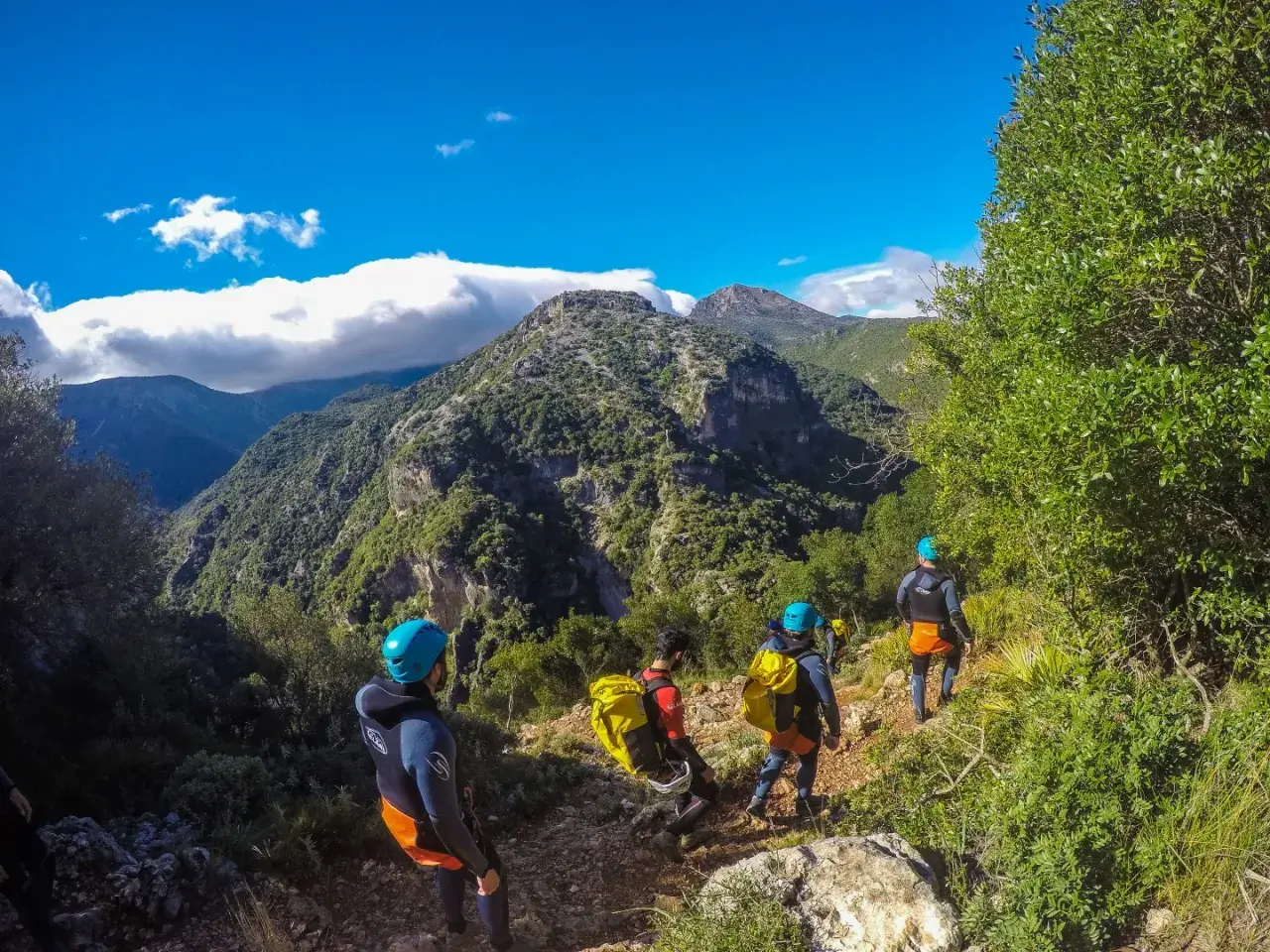 Grupo de barranquistas desciende por un sendero rocoso hacia la garganta verde, rodeados de exuberante vegetación y montañas.