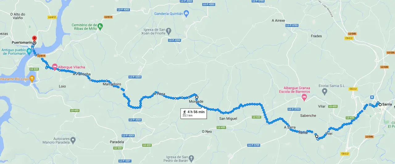 Mapa del Camino de Santiago, mostrando la ruta desde Puertomarín hasta Sarria, con paradas en Morgade y Vilar.