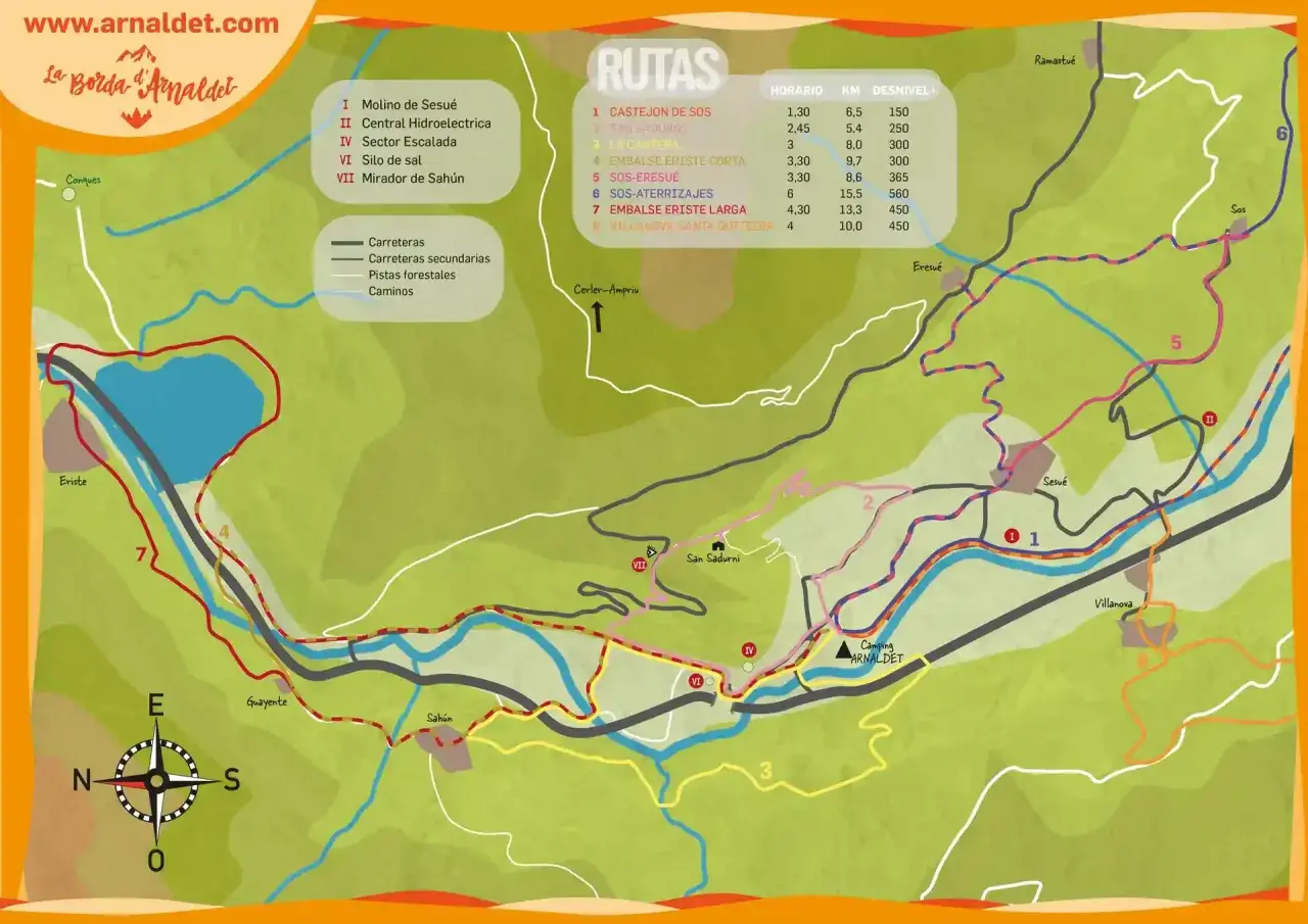 Mapa de rutas de senderismo en Benasque, con senderos marcados, puntos de interés y pueblos como Eriste y Sahún.